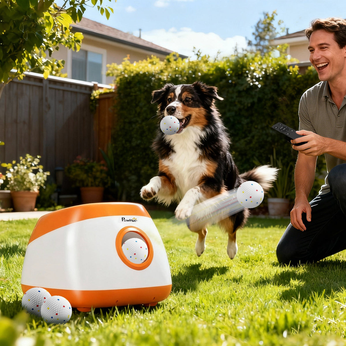 Auto Fetch Ball Launcher Max in a garden with a dog and owner