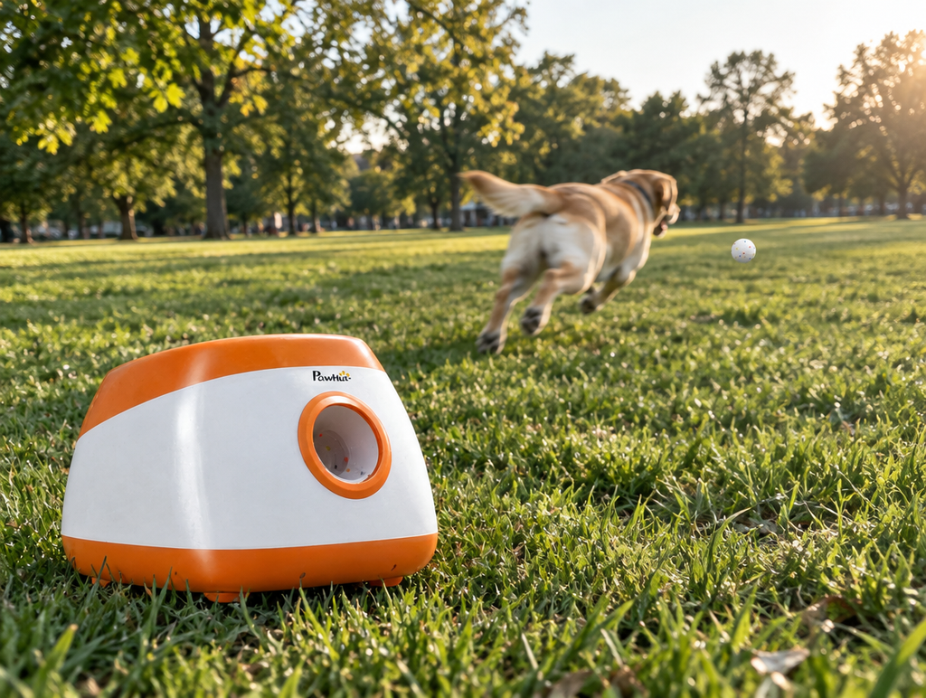 Dog sprinting after a ball thrown by the Auto Fetch Ball Launcher Max in a park