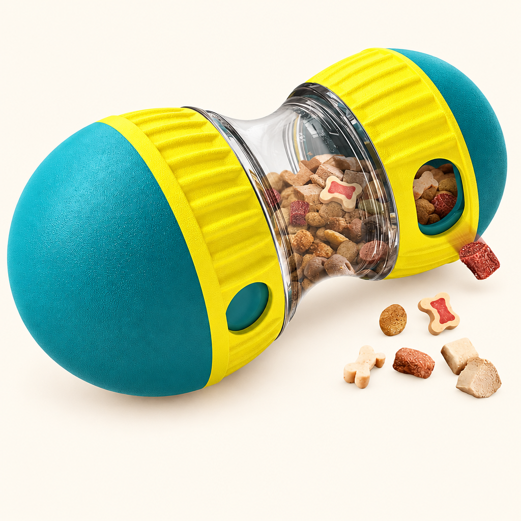 Snack Attack Treat Ball - teal and yellow treat-dispensing ball with kibble