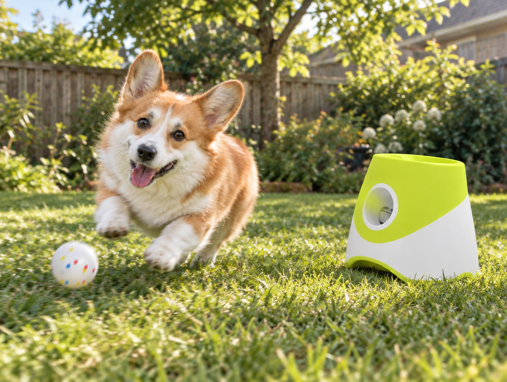 Corgi chasing a ball thrown by the Auto Fetch Ball Launcher in a backyard