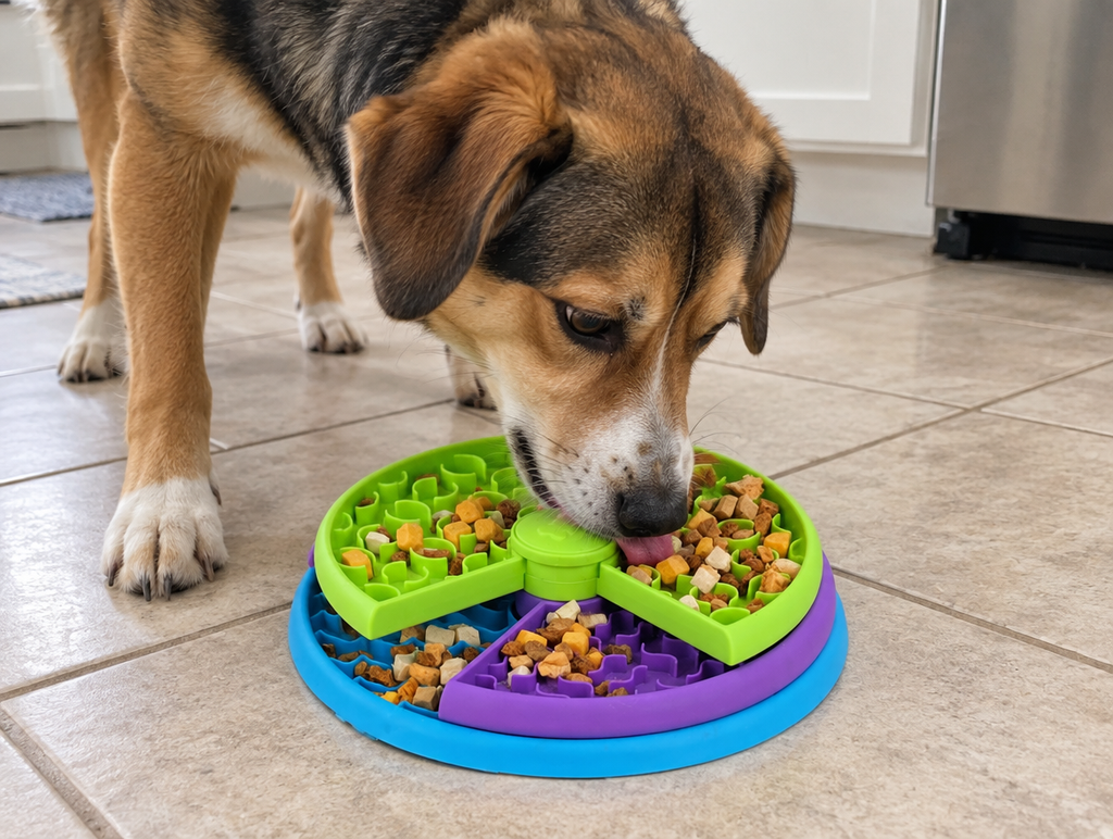 Dog eating from the Calm Down Lick & Slow Feeder on a kitchen floor