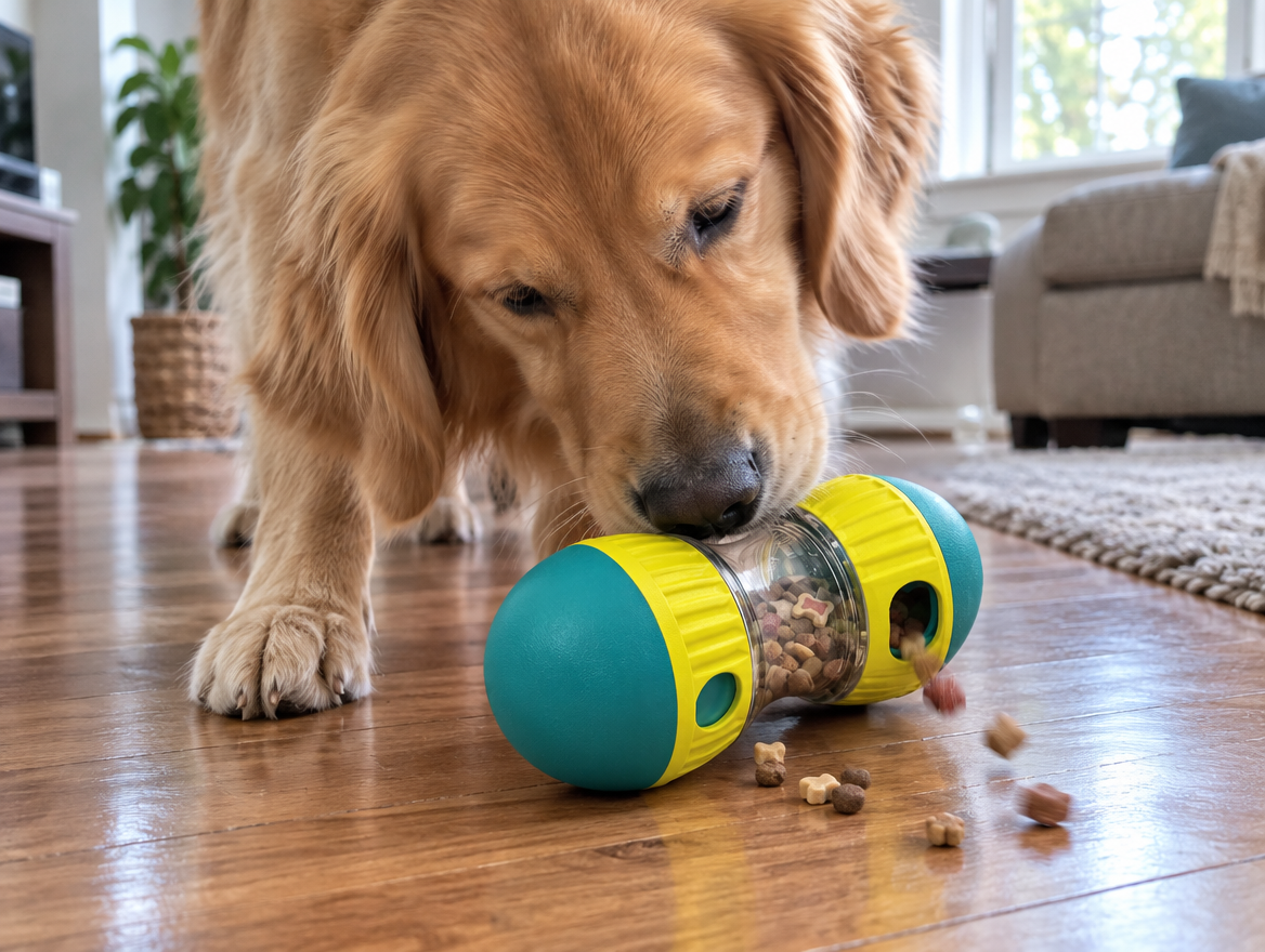 Golden retriever nudging the Snack Attack Treat Ball across a wooden floor