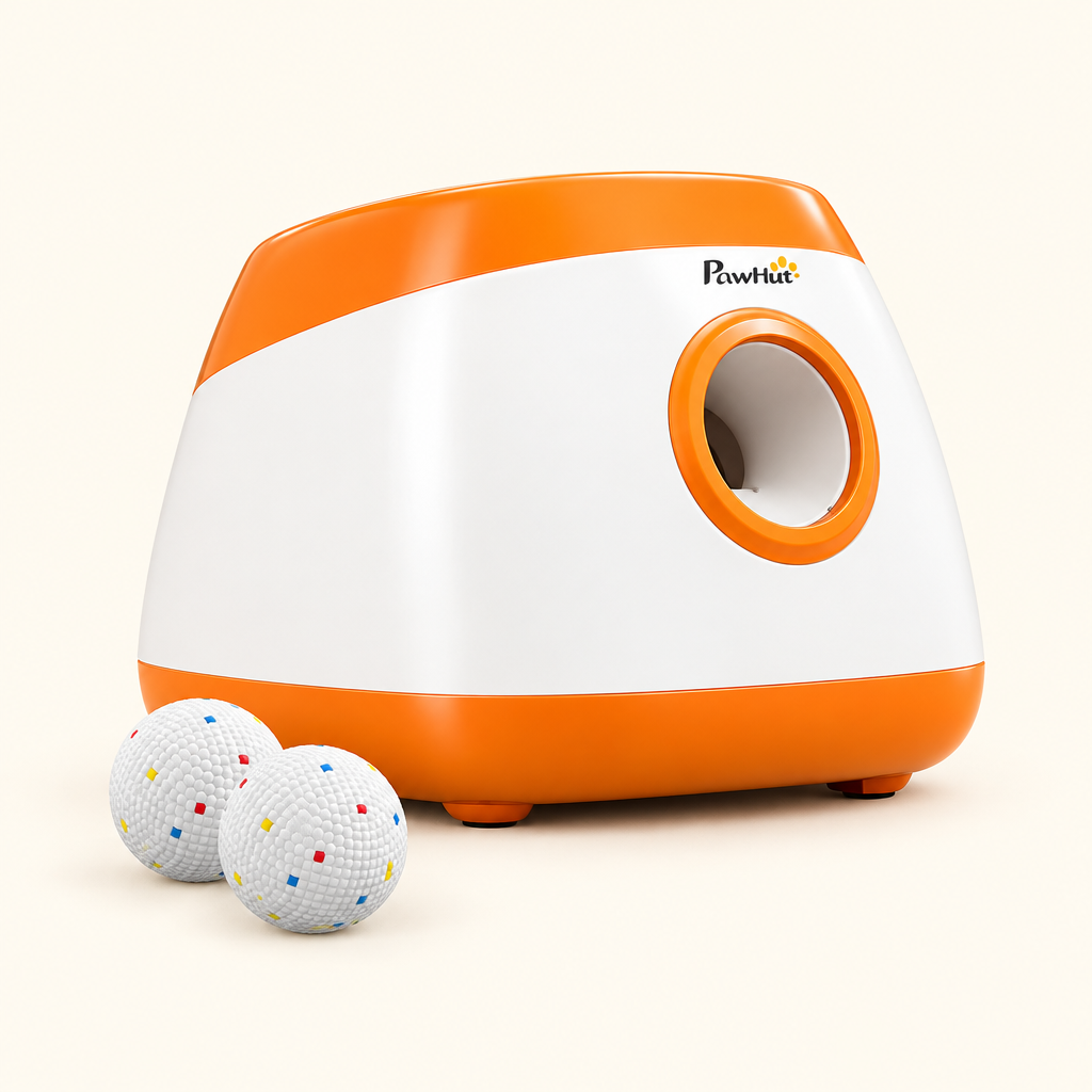 Auto Fetch Ball Launcher Max - orange and white automatic ball launcher with two balls
