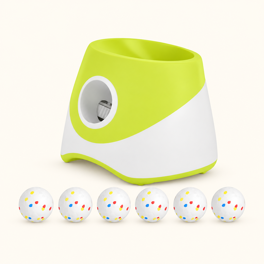 Auto Fetch Ball Launcher - green and white automatic ball launcher with six balls